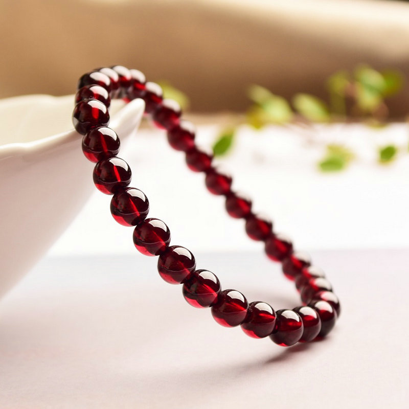 天然酒红石榴石单圈手链 民族风女款手串生日礼物饰品女性石批发
