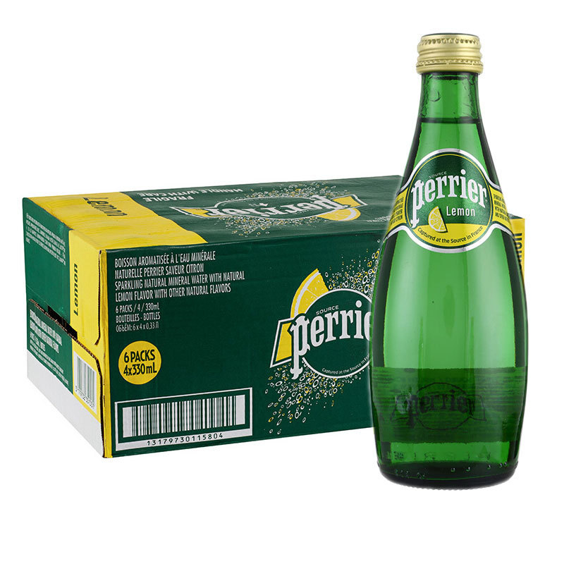 法国进口perrier巴黎水柠檬味天然高端矿泉水330ml*24瓶 整箱批发
