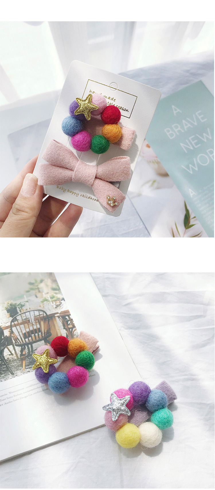 儿童发饰羊毛毡球球女孩星星发夹头饰可爱宝宝发卡刘海边夹