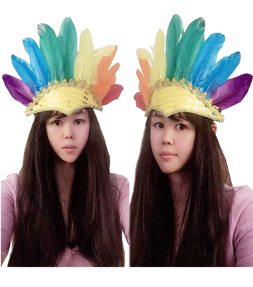 土著人彩色亮片羽毛头饰派对印第安头饰印第安酋长帽野人头饰帽