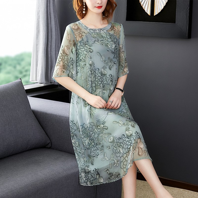 2019春夏新款宽松真丝连衣裙女桑蚕丝印花遮肚中长款裙a版气质