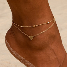 欧美跨境新款脚链时尚椭圆珠链大爱心合金女士脚饰沙滩脚链批发