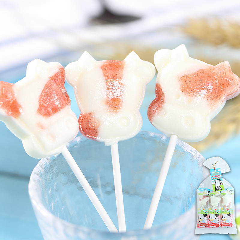 日本进口浪速制菓牛奶草莓味创意奶牛头造型牛奶棒棒糖喜糖42g