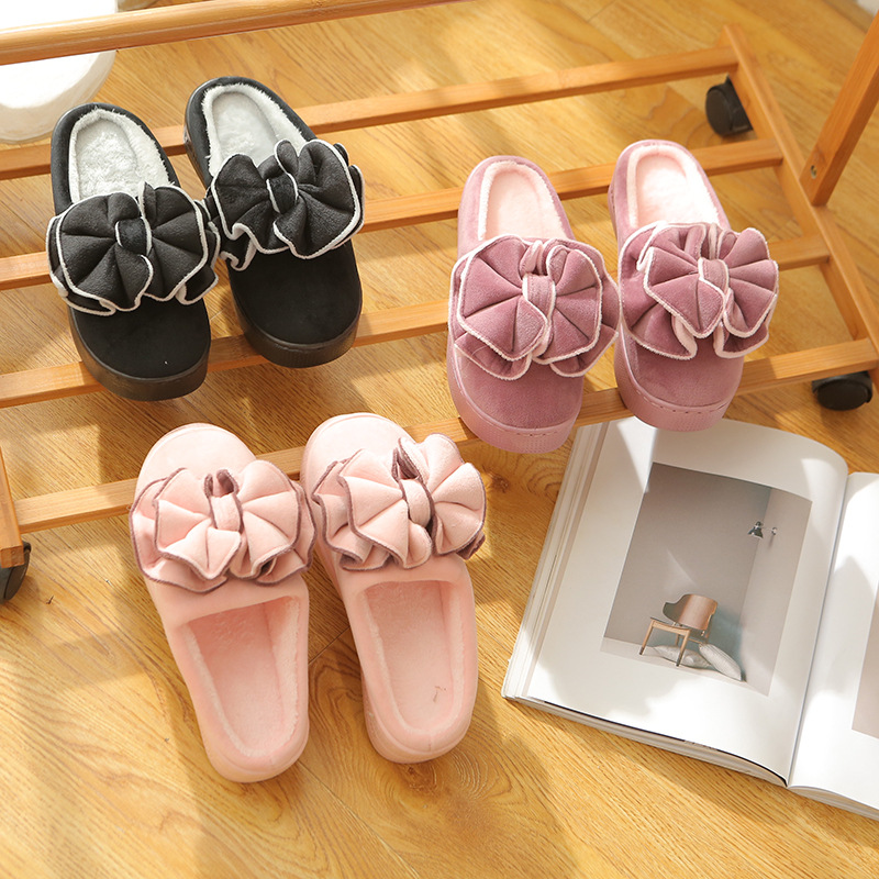 Autumn and Winter New Cotton Slippers Women‘s Korean-Style Simple Big Bow Cotton Slippers Thickened Warm Non-Slip Cotton Slippers
