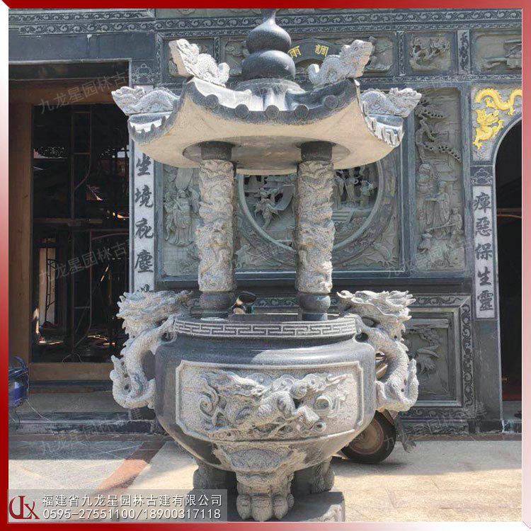 厂家定制石头香炉 四龙柱双屋盖青石香炉 雕刻寺庙礼拜用石香炉