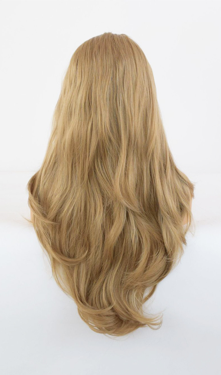 厂家直销欧美化纤前蕾丝假发卡其色中长发蓬松短卷发大波浪假发套