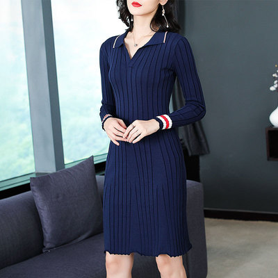 2019秋季新款减龄翻领竖条纹藏蓝色修身显瘦长袖针织连衣裙