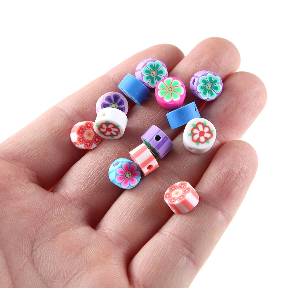 100个/包10毫米圆形软陶花朵图案切片散珠 diy手工艺品珠子/配件