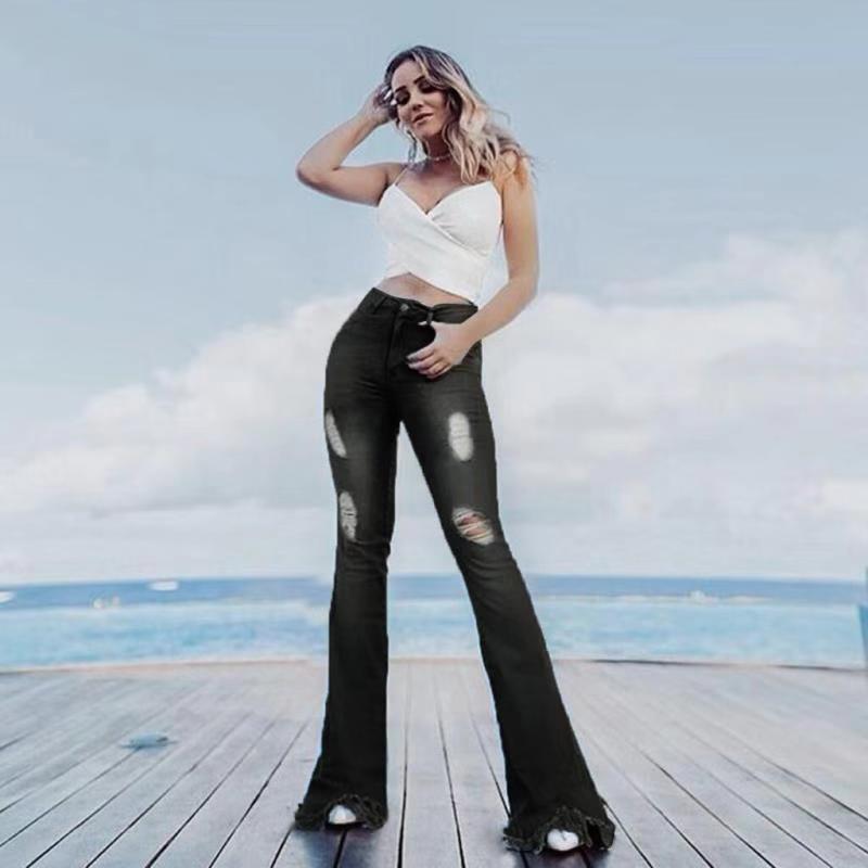 European and American New Denim High Waist Ripped Women's Pants Cross-Border European and American Amazon Women's Slim Slimming Flared Women's Pants