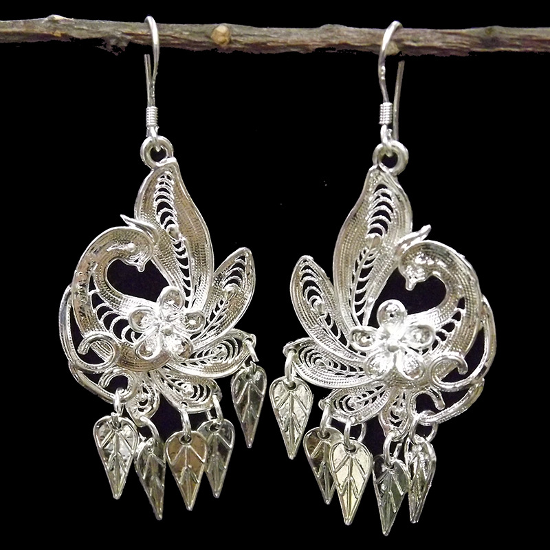 兰蝶民族风傣族孔雀回头款苗银耳环 银耳针耳饰厂家直销服装配饰