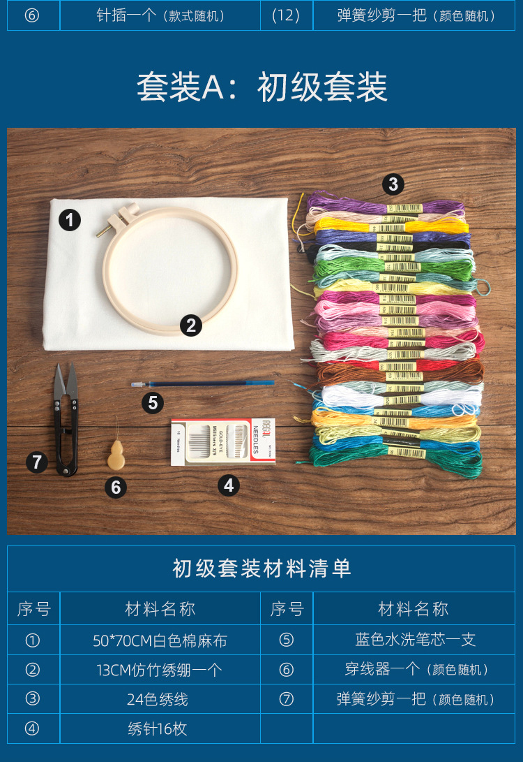 厂家货源 刺绣工具配件套装50色100色十字绣花自绣线绣圈绣绷批发