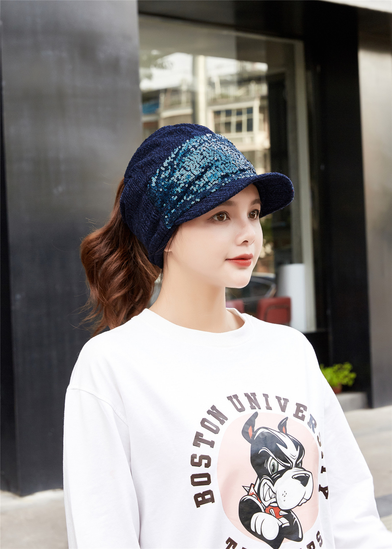 跨境外贸新款秋冬季百搭亮片马尾套头帽防风亚马逊包头帽鸭舌帽