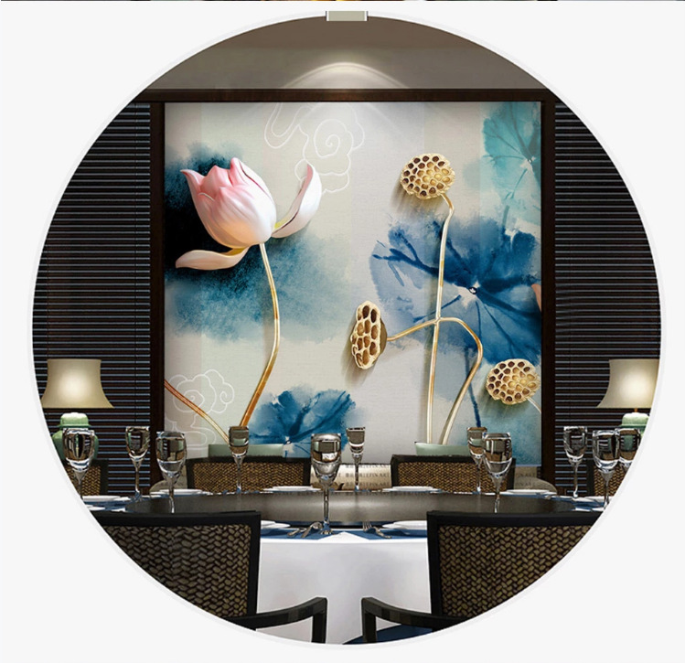 新中式8d古典电视背景墙壁纸18d立体浮雕水墨画荷花装饰壁画客厅