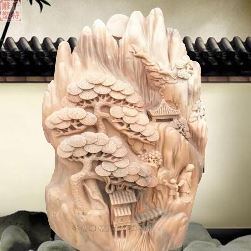 创意假山石雕晚霞红立体浮雕影墙壁画屏风 别墅庭院造景石头摆件