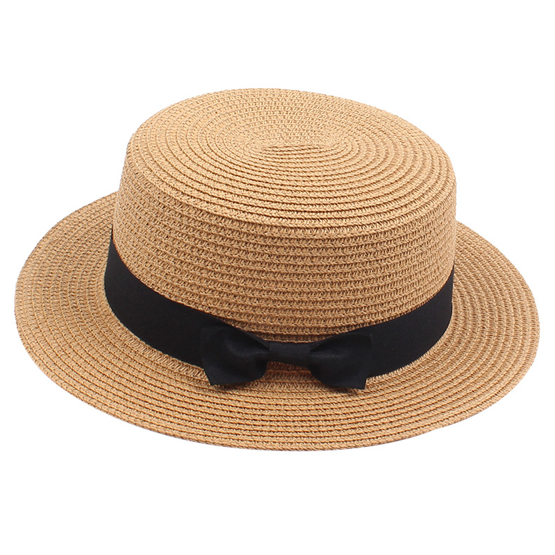 Spring and Summer Korean Straw Hat British Retro Europe and America Bow Flat Top Hat Sun-Proof Beach Hat
