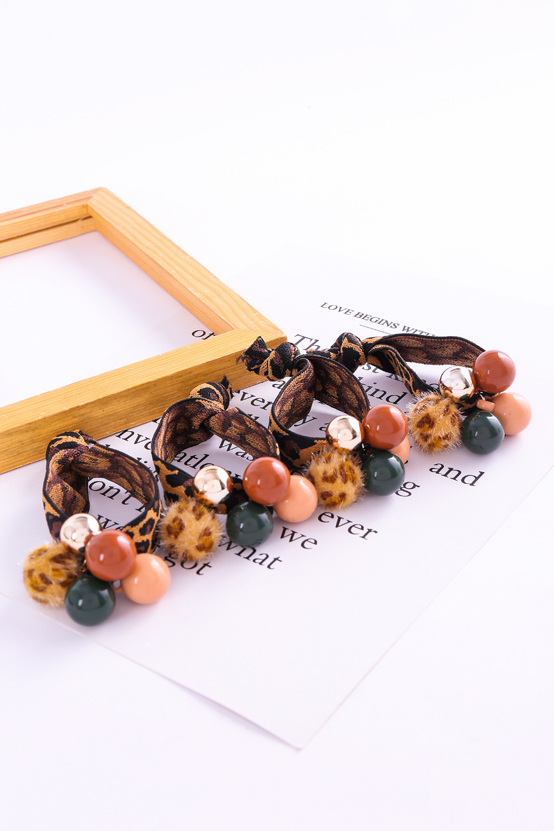 秋冬新款韩版发饰宽边豹纹五珠发圈高弹性粗款扎头绳两元店货源