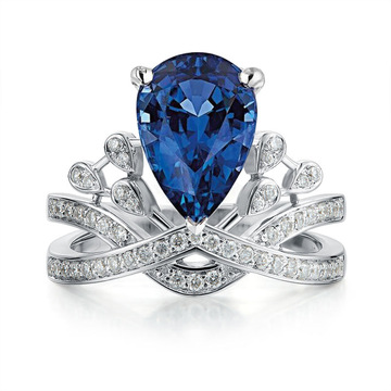 亚马逊欧美风为爱加冕皇冠订婚礼戒指送女友奢华满钻蓝宝石戒指