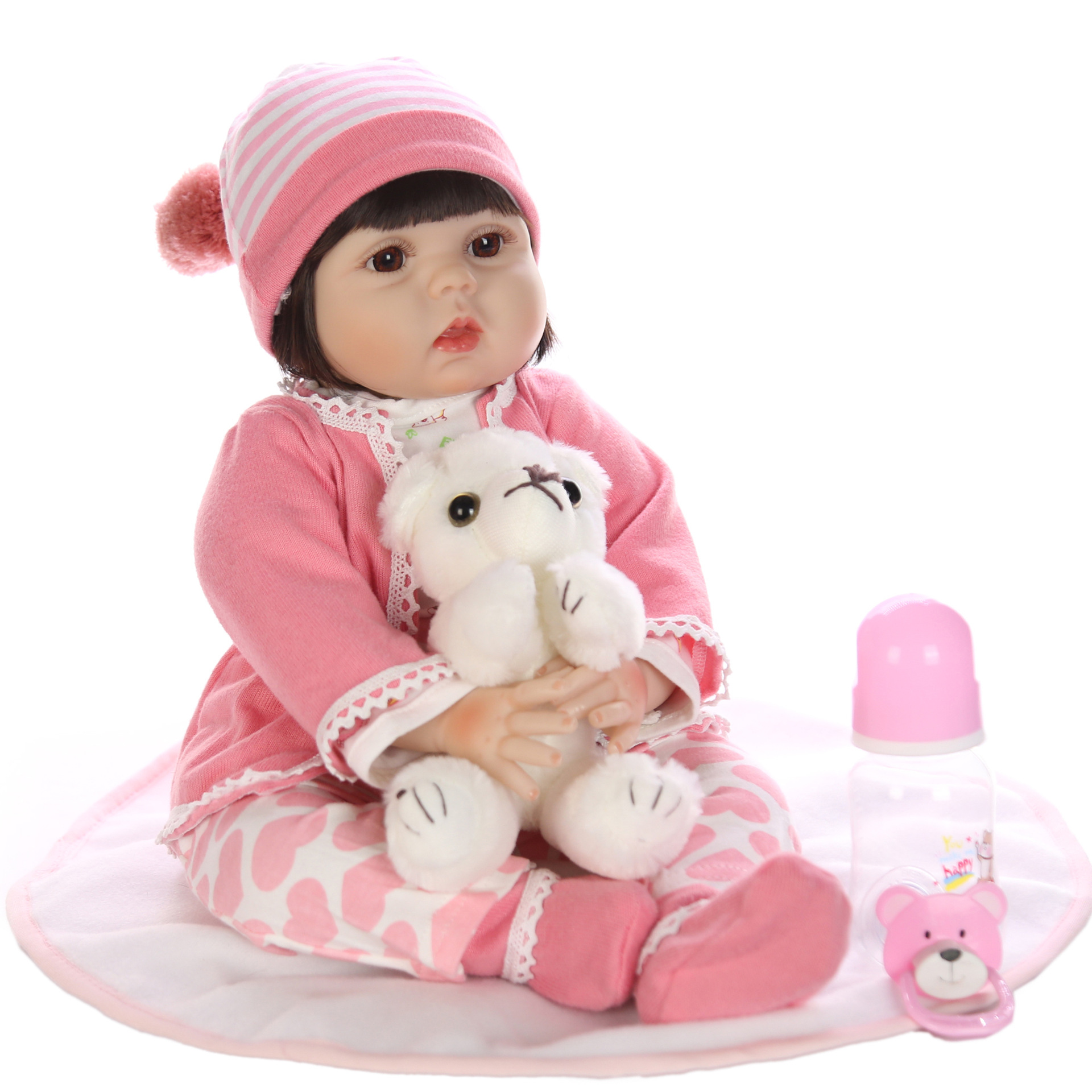 结构:头和四肢为进口软硅胶制作,身体是棉身,很柔软;娃娃四肢可以活动