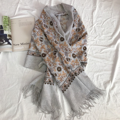 羊毛围巾女冬季刺绣尼泊尔绣花民族风羊绒加厚保暖披肩两用