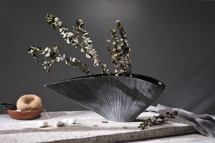 桌面摆件北欧风扇形树脂花瓶样板间软装酒店家居客厅仿真花艺摆设