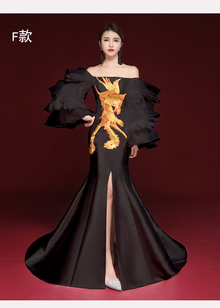 中国风性感晚礼服黑色羽毛演出礼服舞台走秀夸张旗袍长款优雅礼服
