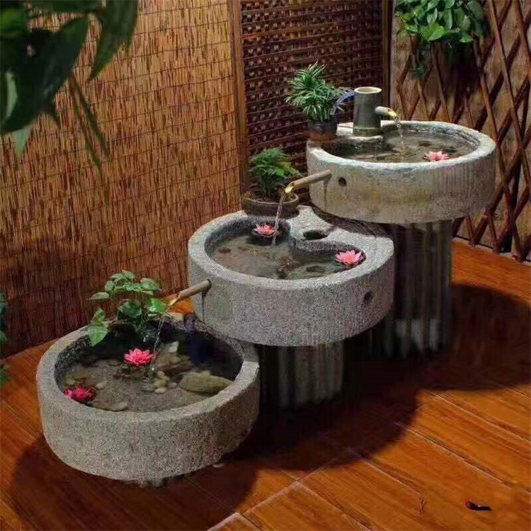 现货老石槽磨盘创意流水摆件室内庭院流水景观老石磨流水