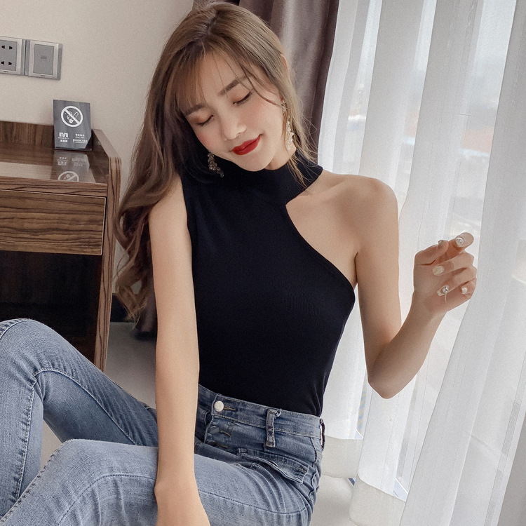 3674实拍港味复古chic吊带背心女夏外穿冰丝针织挂脖式露肩上衣