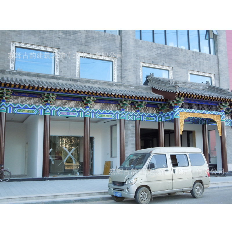 仿古彩绘门楼 中式木制门头 古建酒店茶馆门楼定制北京中式装饰厂