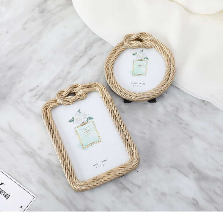 批发北欧创意相框 金色麻绳轻奢摆台画框简约现代摆饰桌面6寸摆件