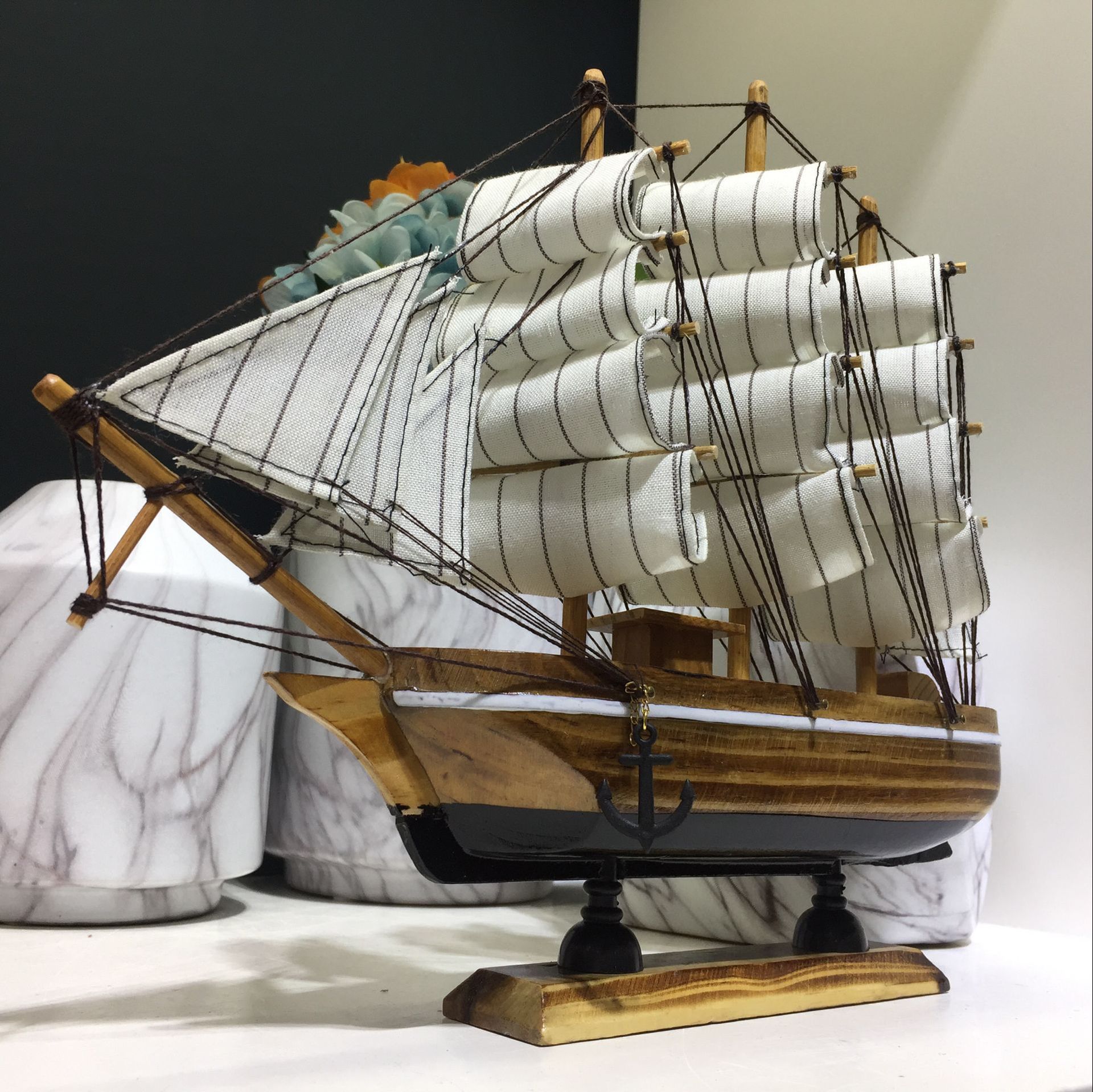 地中海风格家居帆船摆设30cm木制帆船纯手工艺品一帆风顺