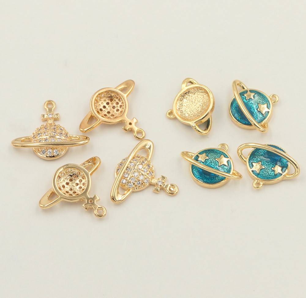 铜镀真金微镶锆石星球星星滴胶行星小吊坠小挂件diy耳环耳饰配件