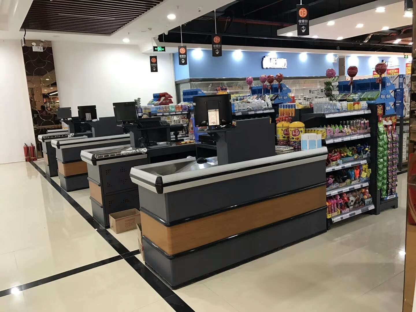 超市水果店粮油店便利店木纹收银台收款台不锈钢台面铝合金包边