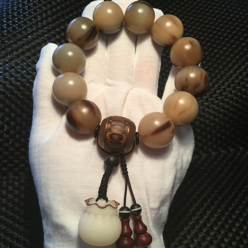 天然西藏耗牛角圆珠单圈手串 血丝牛角骨圆珠文玩男士手串