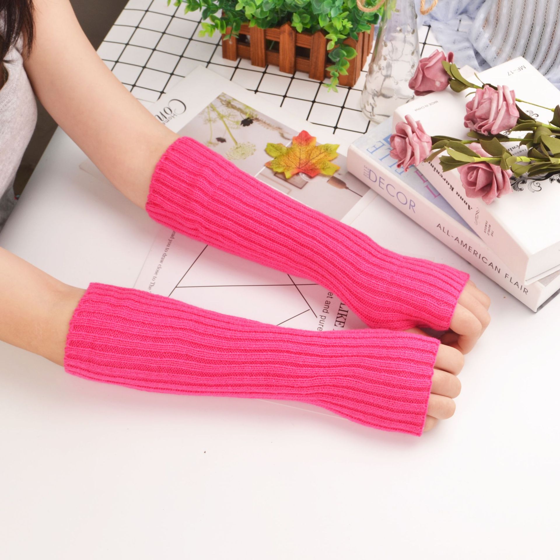 Spring and Autumn Outdoor Sun Protection Korean Style Solid Color Ins Fluorescent Personalized Mid-Length Oversleeve Knitted Plain Stitch Arm Sleeve