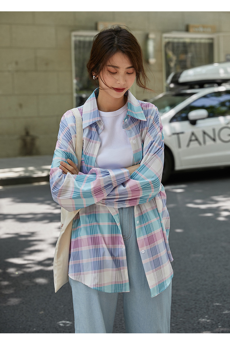 彩虹衬衫女2019秋装新款韩版少女糖果色宽松百搭口袋长袖衬衣外套