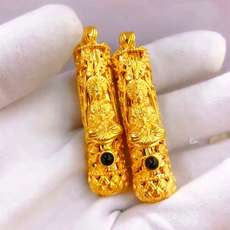 精品黄铜镀金祥云观音筒吊坠仿黄金婚庆首饰品霸气男士圆柱筒项坠