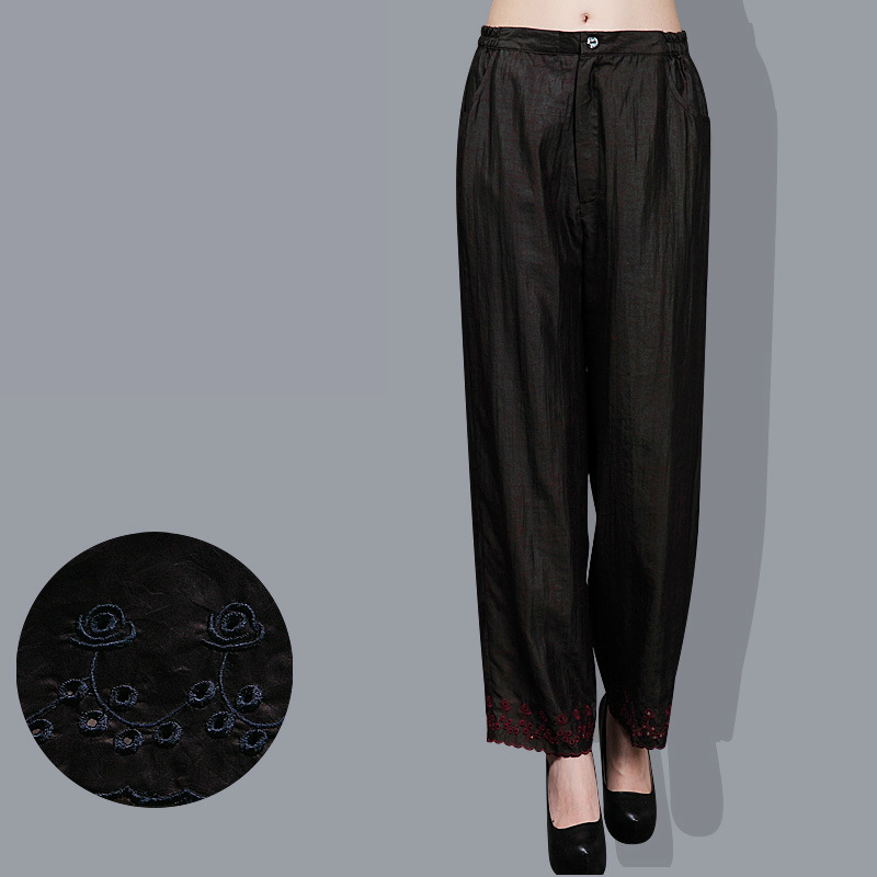 绣花裤中老年夏装女裤真丝香云纱裤子女式长裤九分裤单件直筒