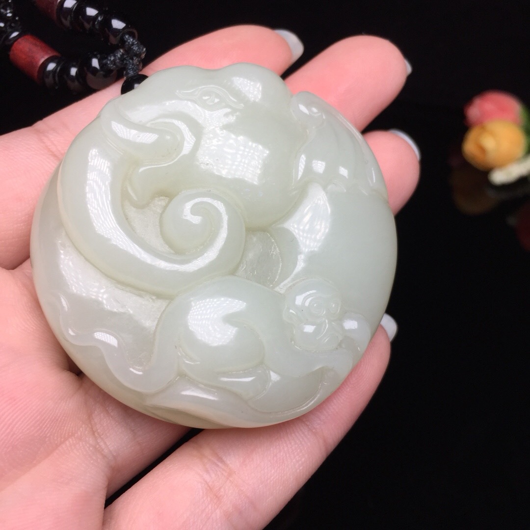 一件代发 和田白玉封侯拜相吊坠和田玉封猴拜象圆形玉坠玉佩挂件