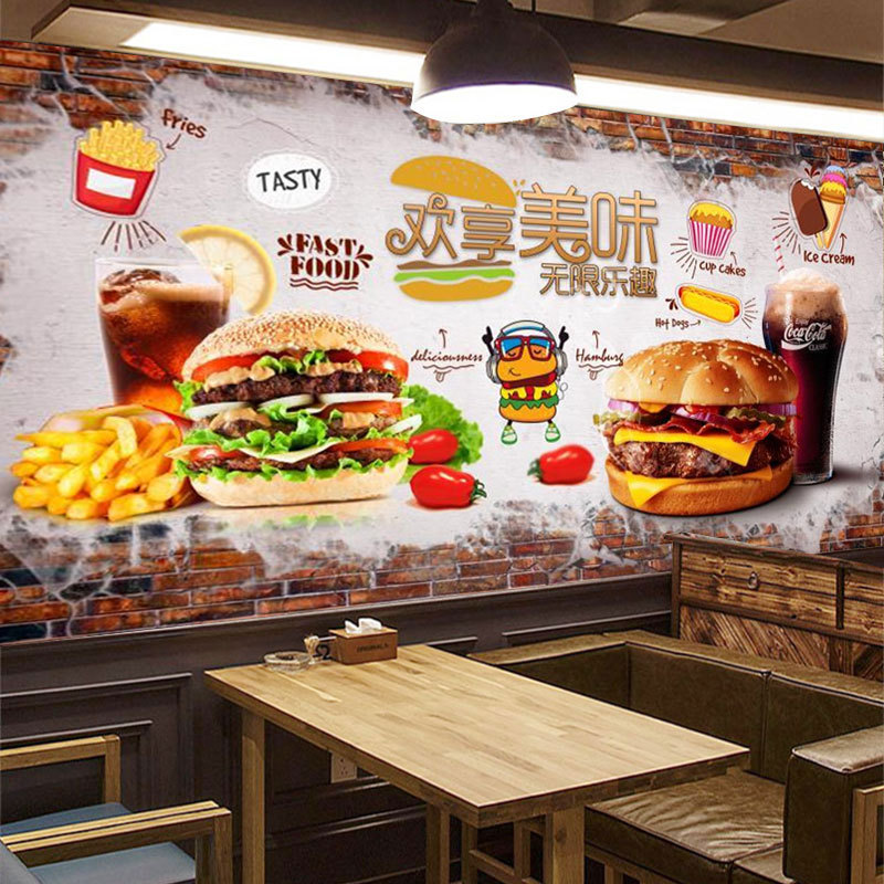 可乐汉堡炸鸡零食小吃背景墙壁纸薯条奶茶餐厅壁纸店面墙布5d壁画