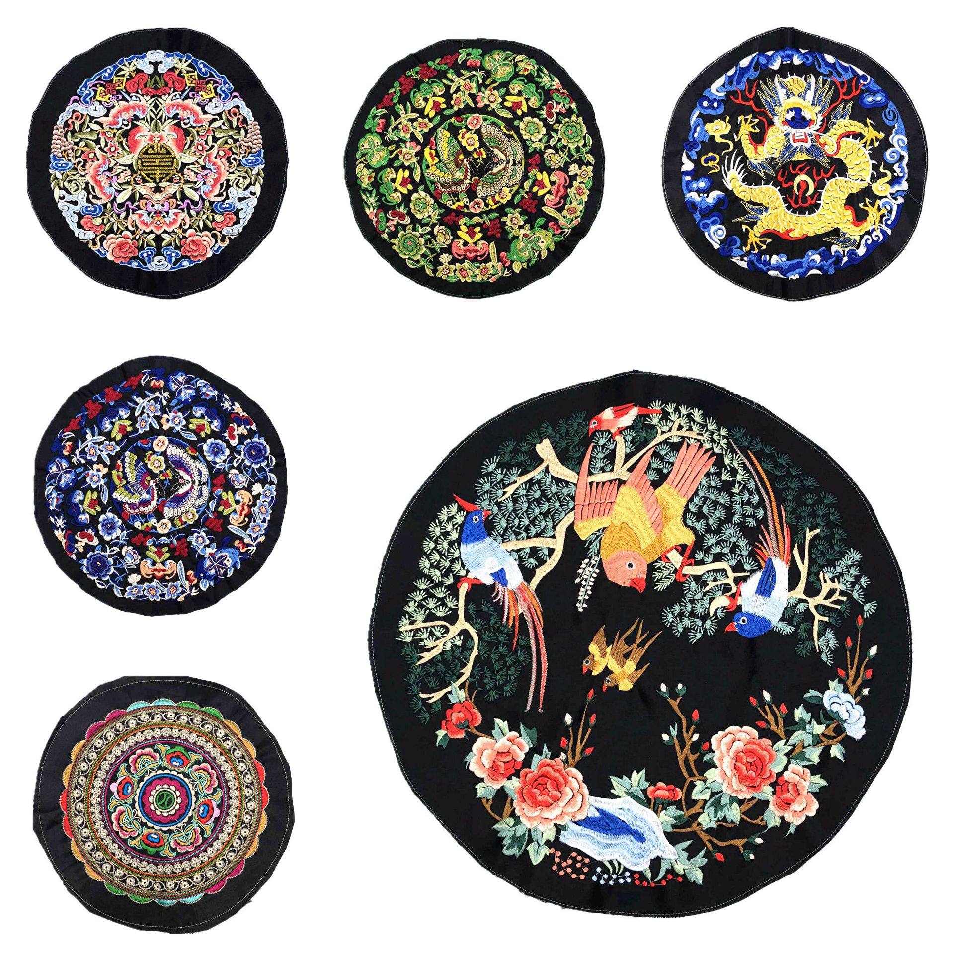 中国民族风圆形花鸟布贴绣花 刺绣补丁贴绣片 箱包贸易服装辅料