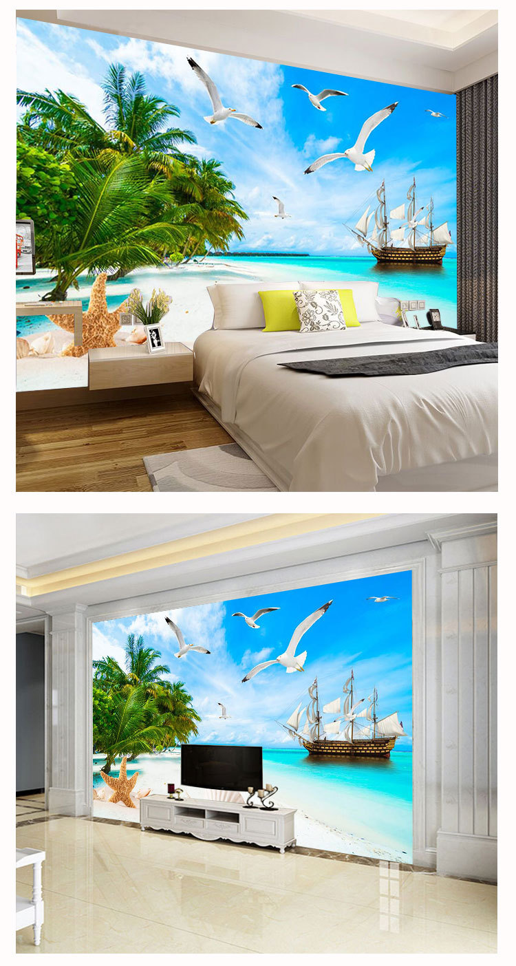 沙滩 海滩 海景 海鸥 椰子树 沙发电视背景墙纸壁纸 壁画定做定制