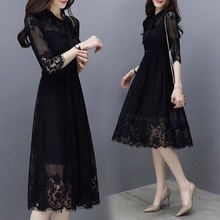 2022春夏新款女装韩版七分袖蕾丝连衣裙女黑色气质显瘦中长款裙子