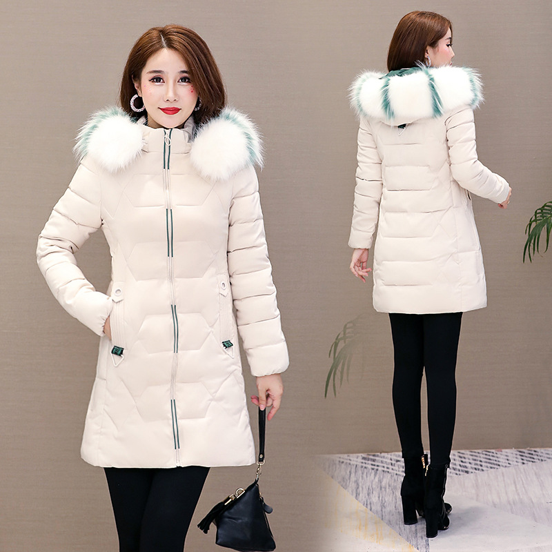 棉衣女中长款2019新款韩版修身显瘦收腰大毛领大码棉服冬季外套潮