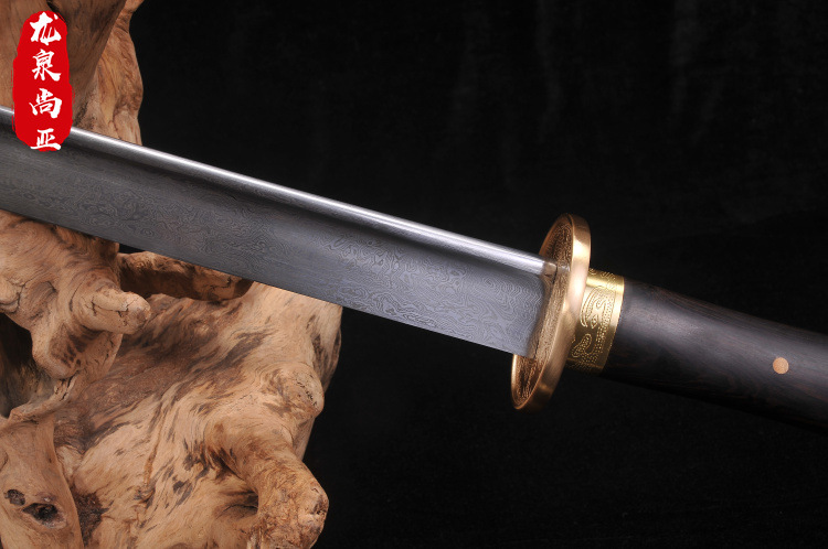 龙泉剑 中华武术苗刀花纹钢黑檀木纯铜刻花双手晨练刀剑未开刃