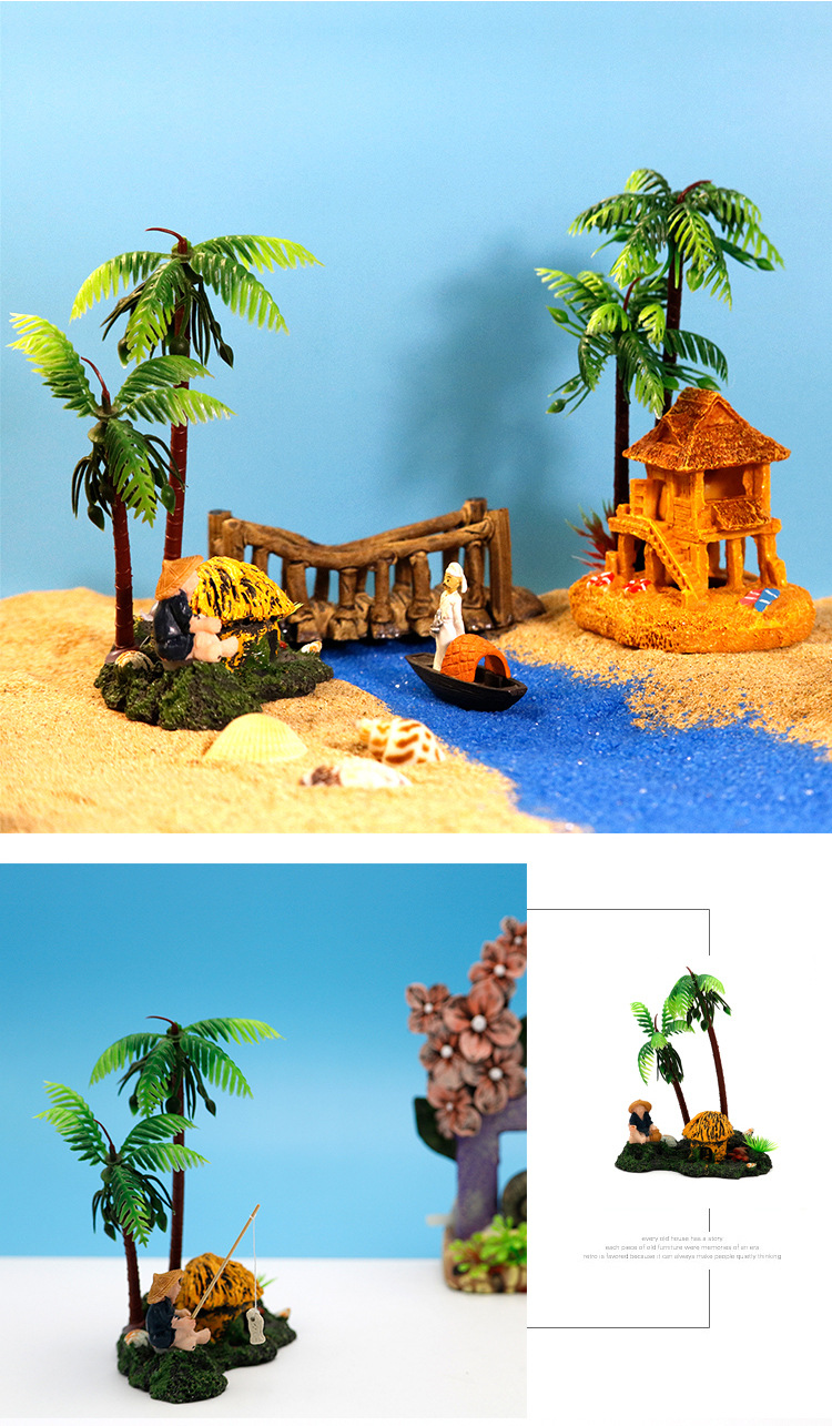 批发鱼缸布景环保树脂椰树房子装饰水族箱造景微景观摆件水草组合