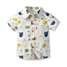 跨境童装 男童夏款韩版棉童装小猫印花短袖衬衫厂家销