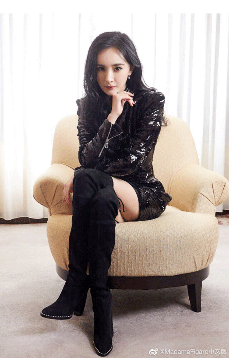 2019年秋冬款杨幂同款粗高跟过膝长靴女圆头黑色后系带显瘦弹力靴