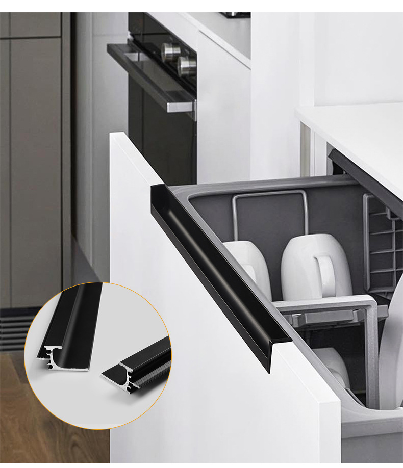 橱柜拉手_衣柜橱柜拉手铝合金抽屉卡槽柜门暗扣手黑色铝材隐形拉手