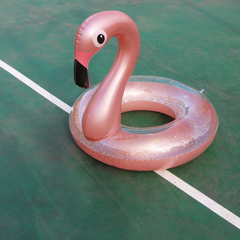 跨境供应 ins火烈鸟游泳圈透明亮片金粉色成人水圈充气腋下圈坐骑