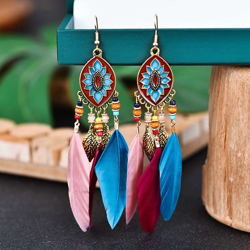 White Feather Earrings Bohemian Style Bead Ear Studs Water Drop Tassel Earrings Female European and American Popular Ornament Wholesale